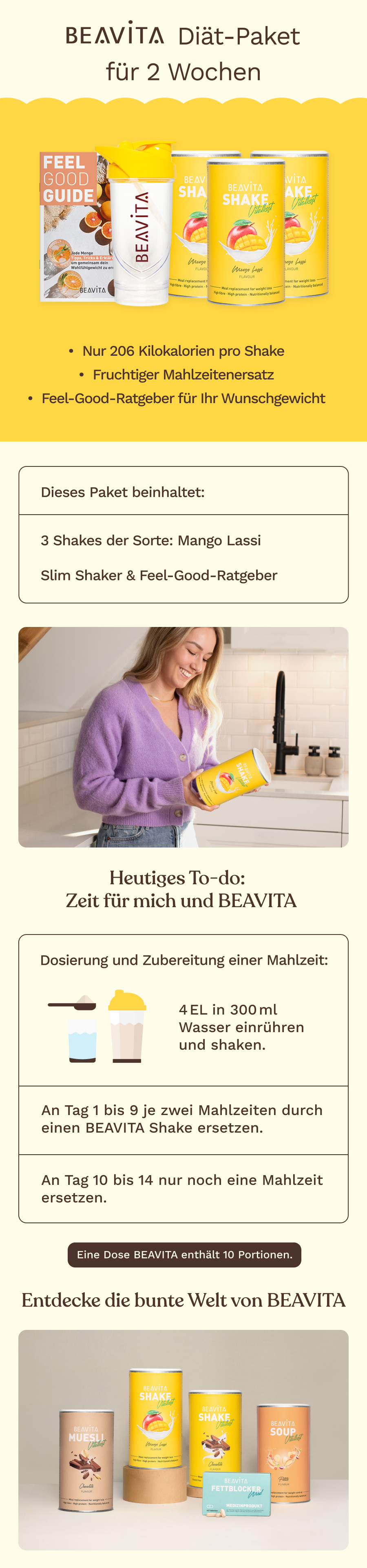 BEAVITA Diät-Paket: Drei Dosen Mango Lassi Shake, ein Slim Shaker und ein Feel-Good-Guide.