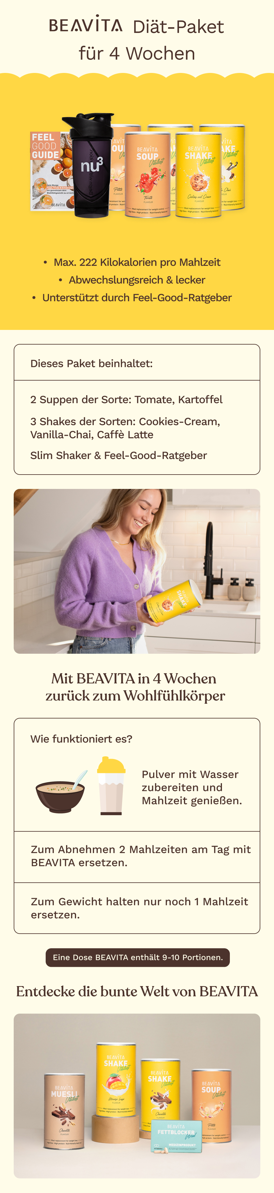 BEAVITA Diät-Paket für 4 Wochen mit Shaker, Ratgeber und Produktproben.