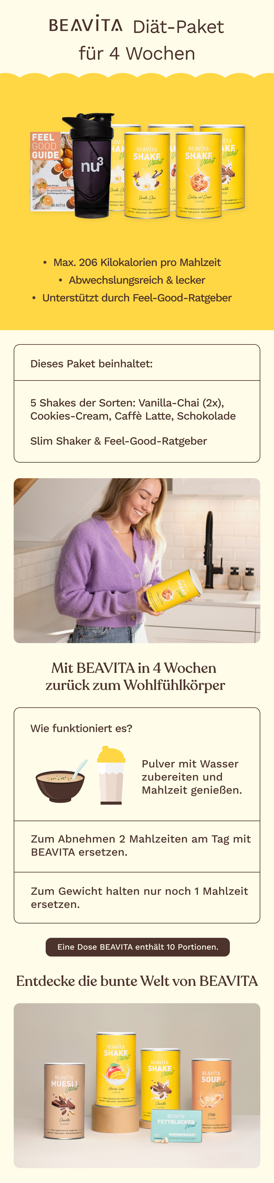 BEAVITA Diät-Paket für 4 Wochen: 5 cremige Shakes, Slim Shaker und Feel-Good-Ratgeber. Unterstützt Gewichtsabnahme.