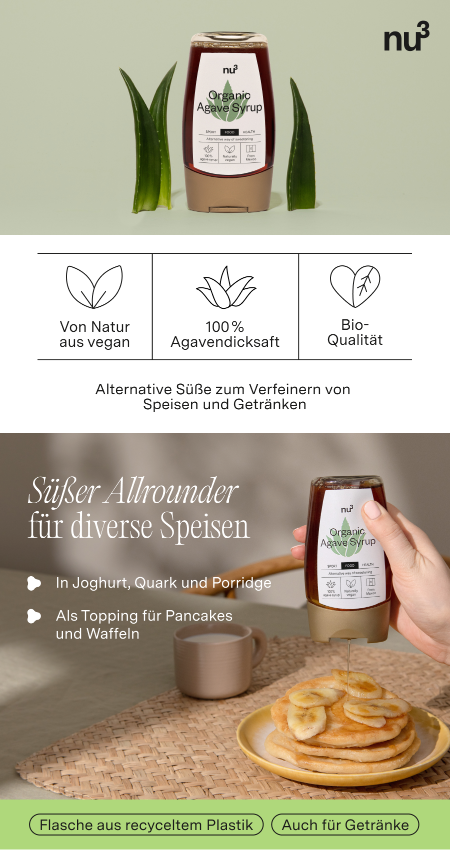 Flasche Agavendicksaft, grüne Blätter, Text und Icons. Pancakes mit Banane, Tasse.
