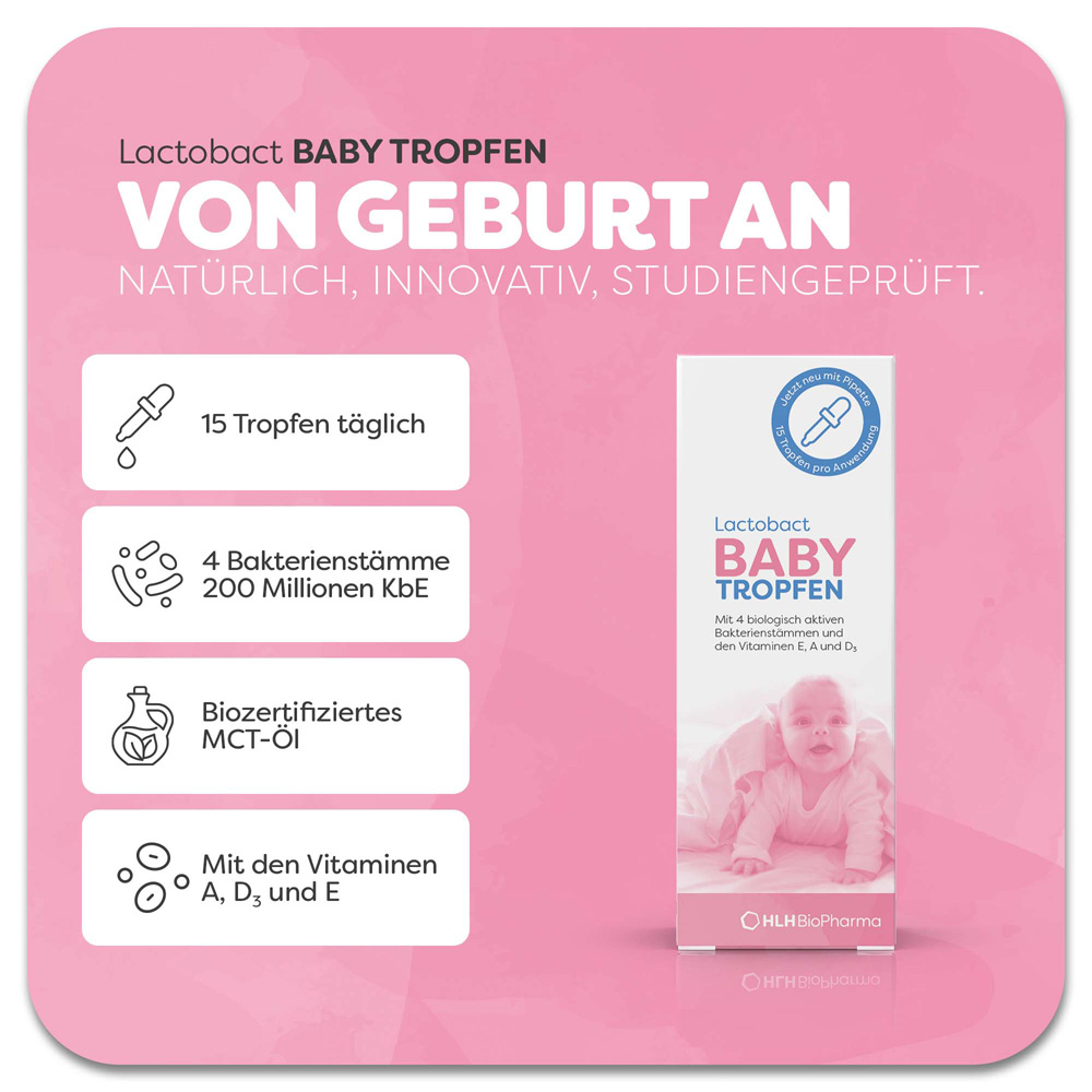 Produktflasche und Verpackung. Lactobact BABY TROPFEN. Unterstützt Immunsystem. Einfache Darreichungsform. Ab Geburt. Ohne Alkohol.