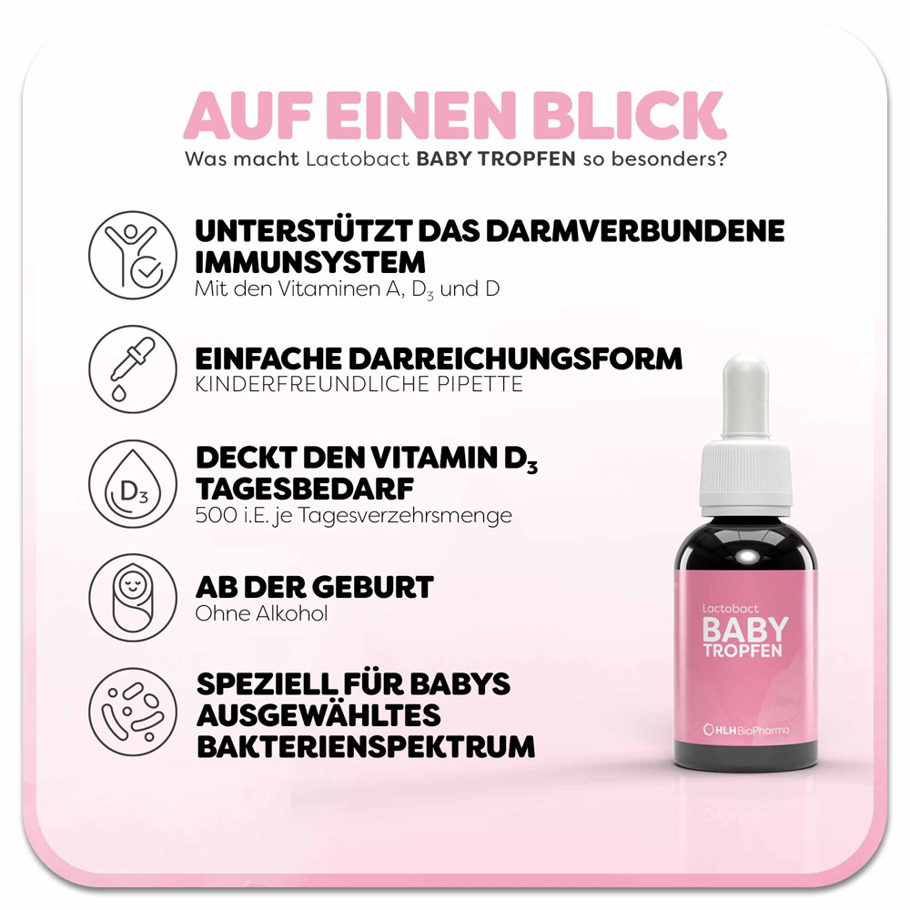 Rosa Hintergrund mit Produktverpackung. Lactobact BABY TROPFEN. Ab Geburt. 10 Tropfen täglich. Mit Vitaminen A, D3 und E.