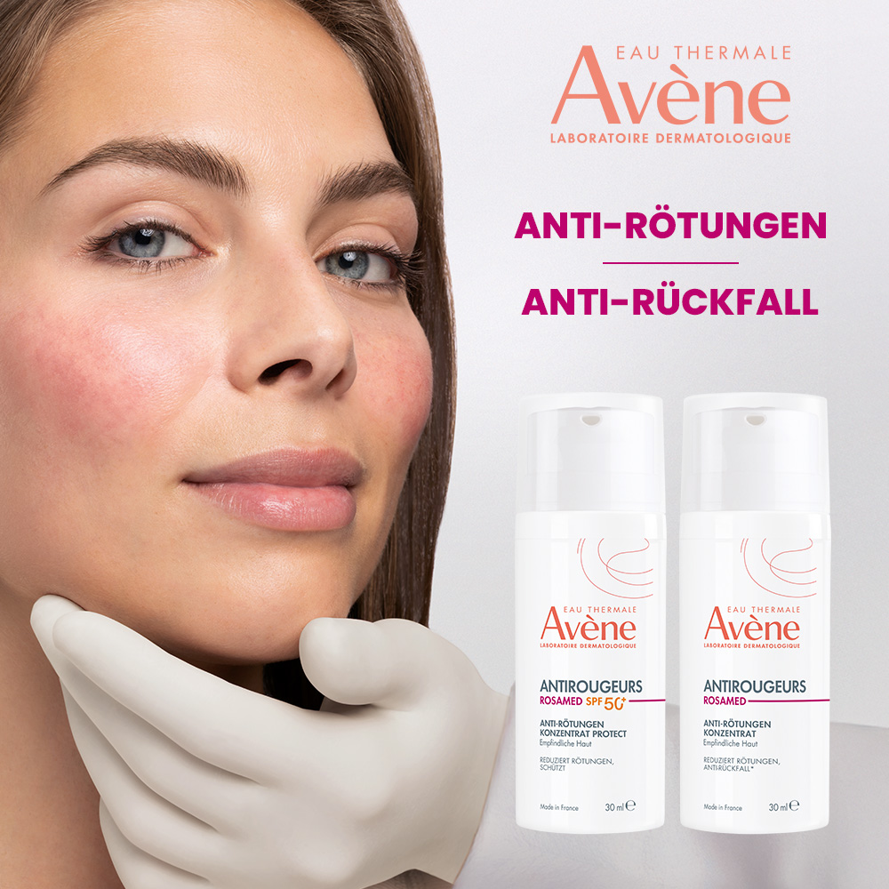 Frau mit geröteter Haut. Text: -48% Rötungsintensität. Flasche Avène Antirougeurs Rosamed.