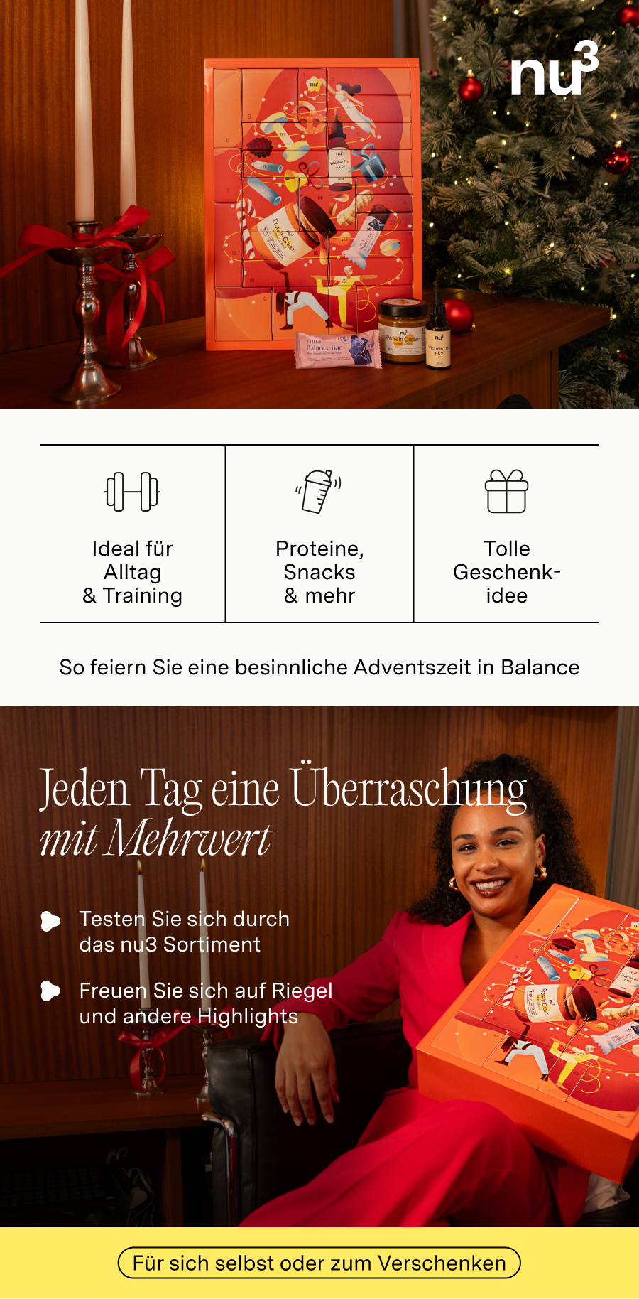 Adventskalender mit Produkten und Illustrationen. Text: Jeden Tag eine Überraschung mit Mehrwert. Für sich selbst oder zum Verschenken.