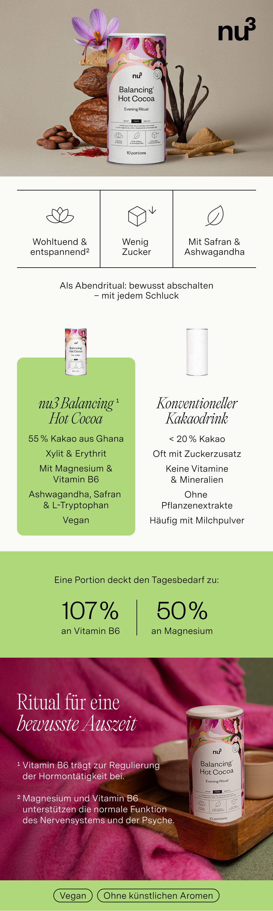 Infografik mit nu3 Balancing Hot Cocoa. Enthält Informationen zu Inhaltsstoffen, Vorteilen und Vergleich mit anderen Getränken.