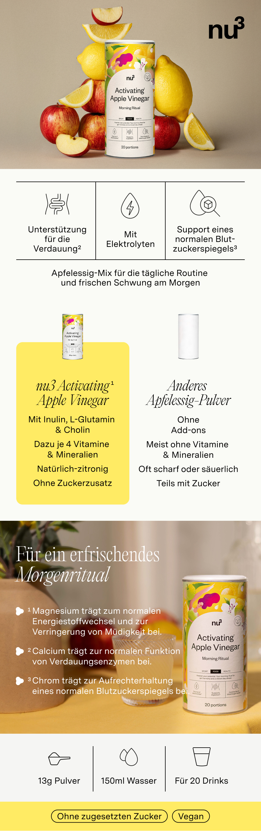 Infografik: nu3 Activating Apple Vinegar. Produktabbildung, Inhaltsstoffe, Vorteile, Zubereitung.