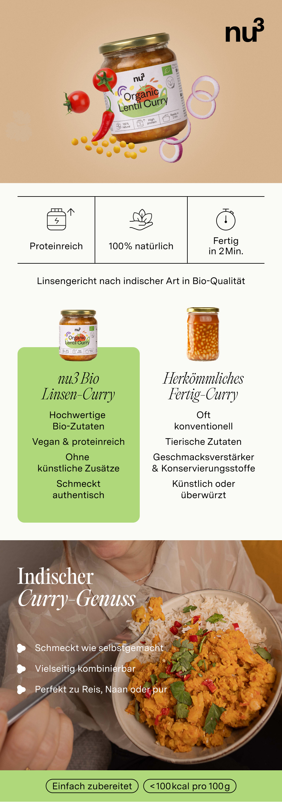 Werbebild: nu3 Bio Linsen-Curry. Produktbild, Vorteile: reich an Proteinen, 100% natürlich, fertig in 2 Minuten. Vergleich mit herkömmlichem Fertig-Curry.
