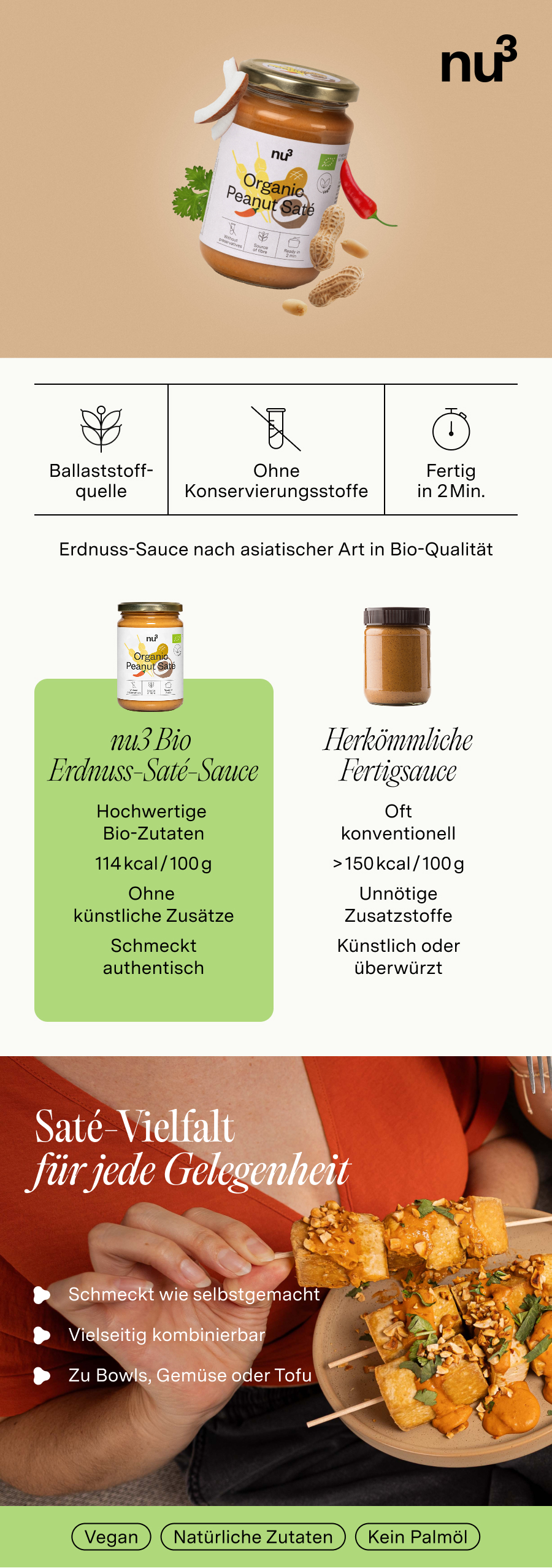 Werbebanner mit nu3 Bio Erdnuss-Saté-Sauce. Produktabbildung, Nährwertangaben, Vorteile und Zubereitungsideen.