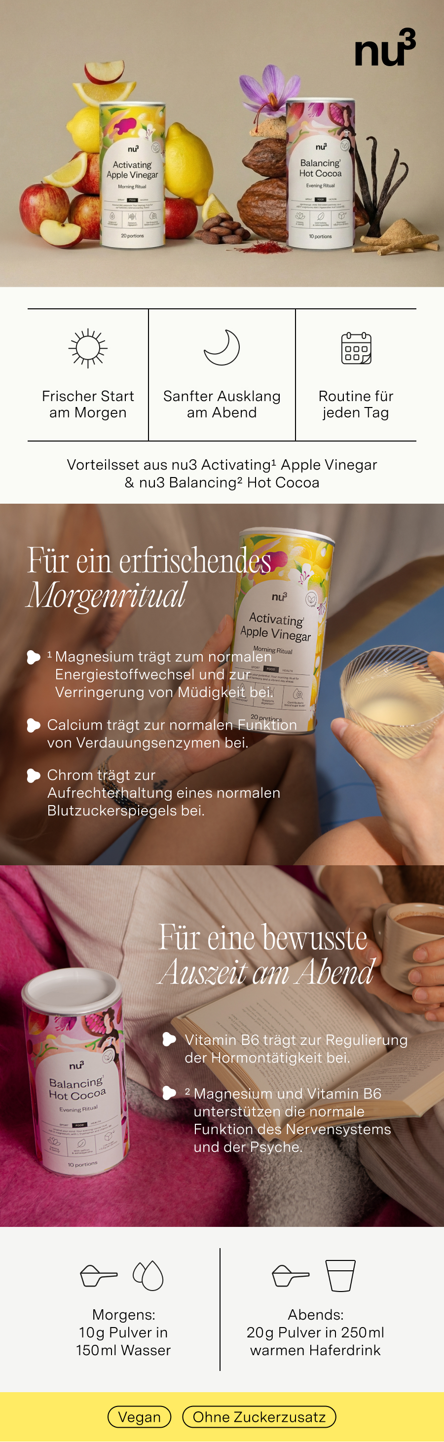 Infografik mit Produktbildern. Enthält Informationen zu Activatin Apple Vinegar und Balancing Hot Cocoa.