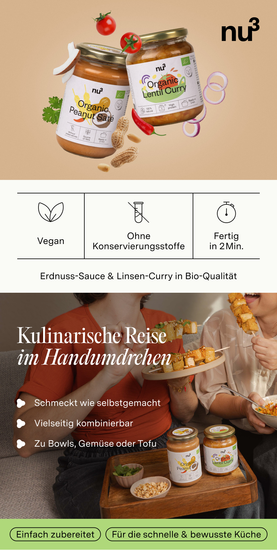 Werbebild mit Gläsern von Erdnuss-Saté-Sauce und Linsen-Curry. Vegan, ohne Konservierungsstoffe, fertig in 2 Minuten. Kulinarische Reise.
