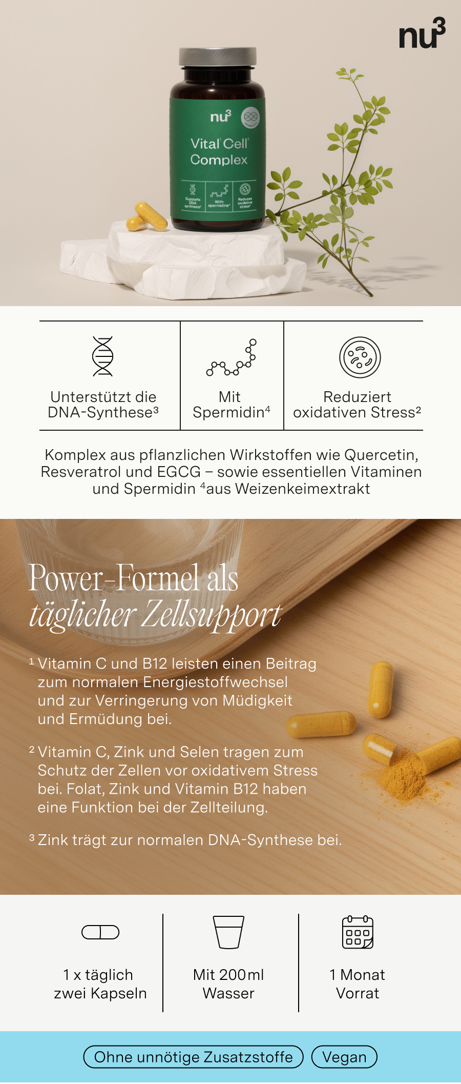 Produktabbildung mit Flasche, Kapseln und Text. Deutscher Text.