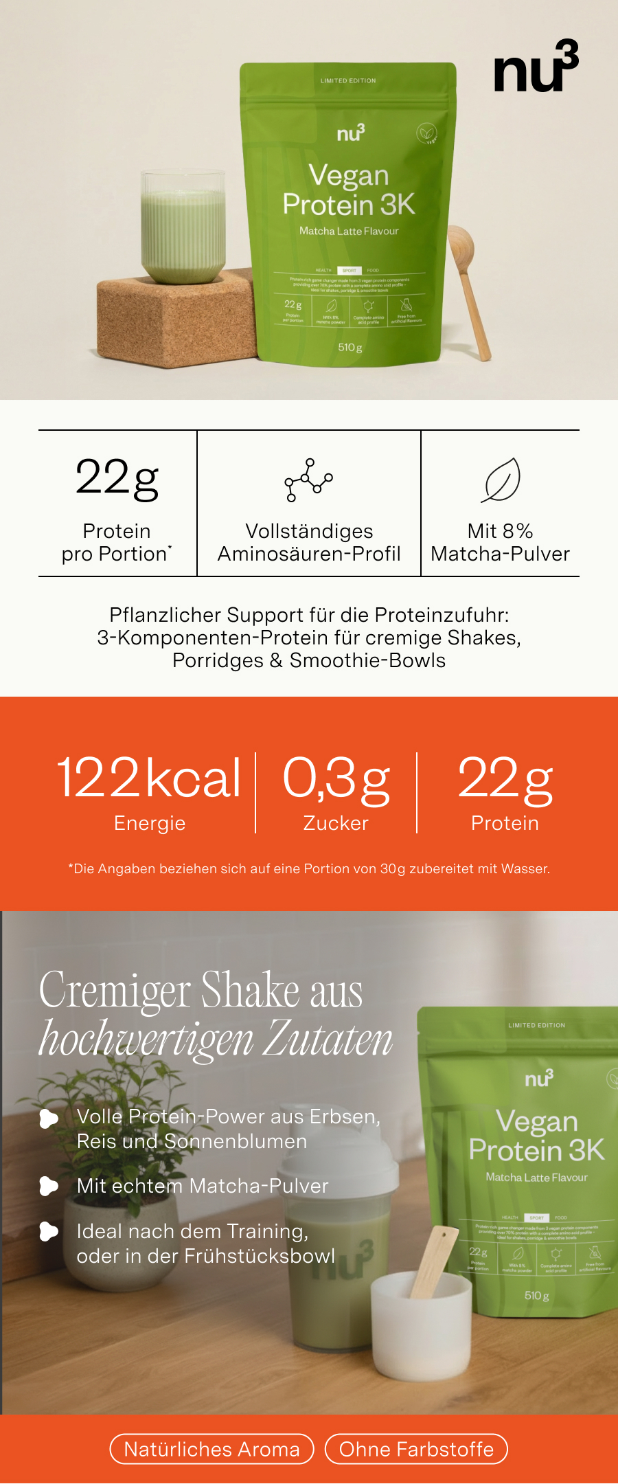 nu3 Vegan Protein 3K Matcha Latte, grüne Verpackung, 510g. Glas mit Shake und Löffel. Nährwertangaben: 22g Protein, 8% Matcha.