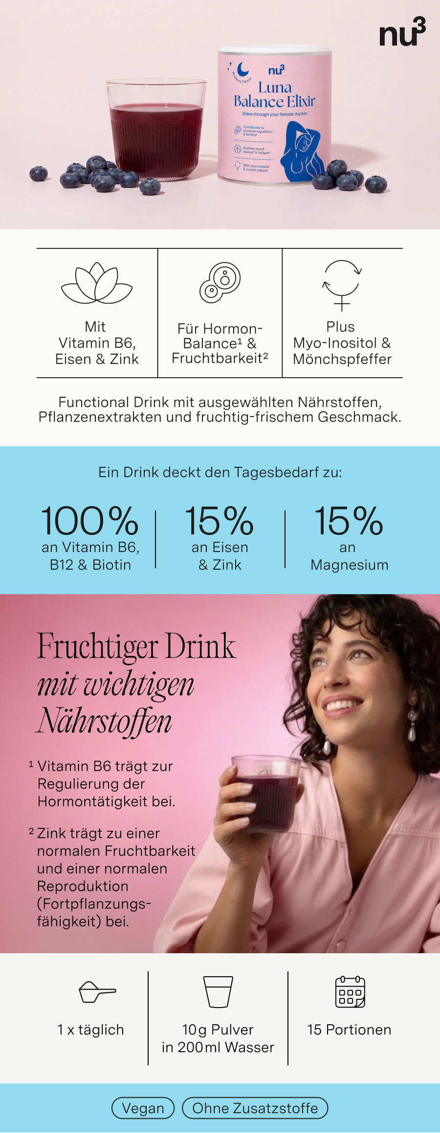 Werbefoto mit Dose und Glas. Aufschrift: nu3 Luna Balance Elixir. Enthält Informationen zu Vitaminen und Mineralstoffen. Frau trinkt.