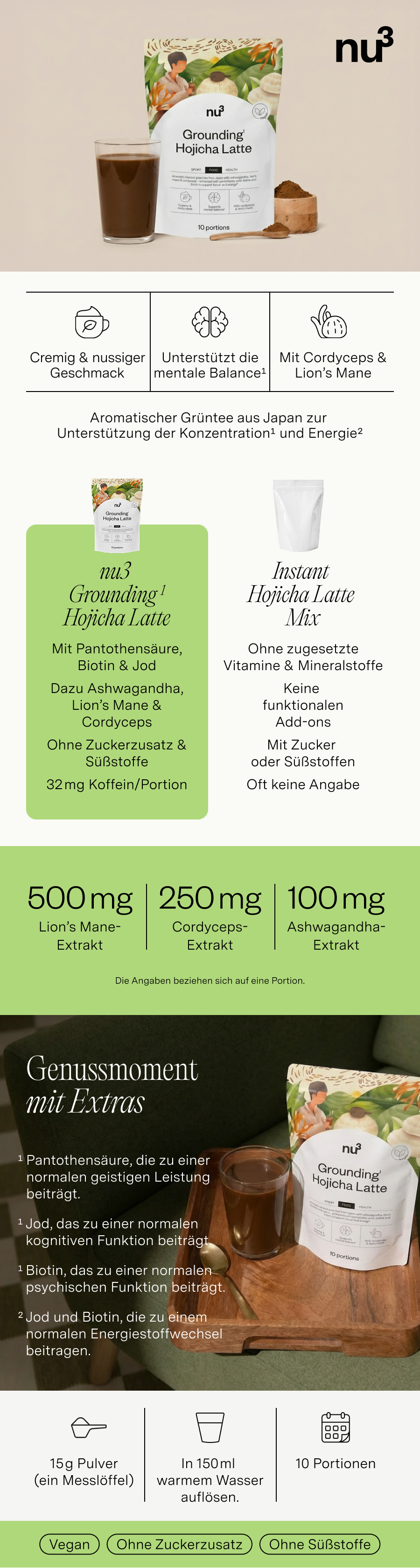 Produktinformationen zu nu3 Grounding Hojicha Latte. Text mit Inhaltsstoffen, Nährwerten und Zubereitungshinweisen.