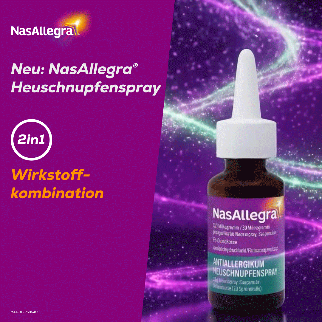 NasAllegra Heuschnupfenspray. Flasche mit Nasenspray. Text: Neu: NasAllegra Heuschnupfenspray. 2in1 Wirkstoffkombination.