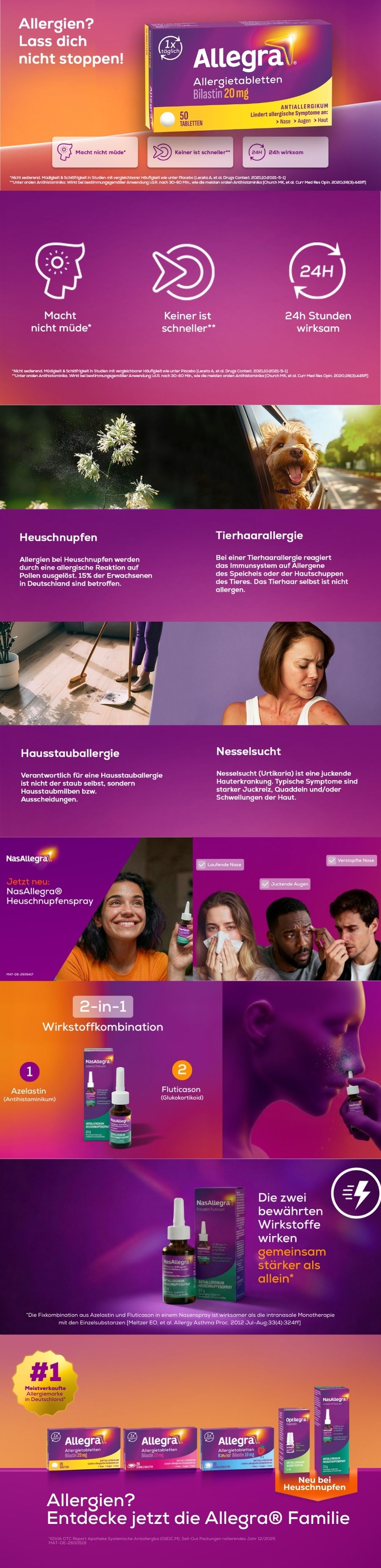 Produktabbildung mit Allegra-Familie und NasAllegra. Text: Allergien? Entdecke jetzt die Allegra® Familie.