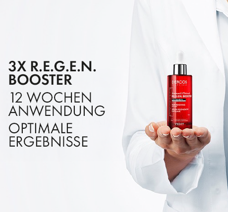 Eine Hand hält eine Flasche Vichy Dercos Aminexil Clinical R.E.G.E.N. Booster Serum. Text: 3x R.E.G.E.N. Booster, 12 Wochen Anwendung, Optimale Ergebnisse.