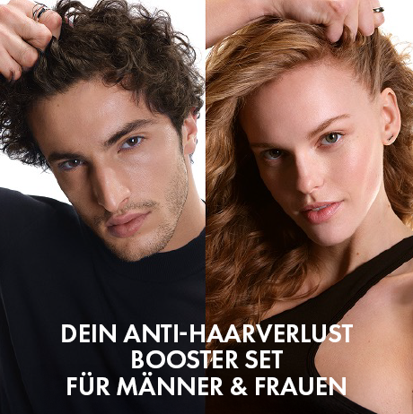 Zwei Gesichter, Mann und Frau. Text: Dein Anti-Haarverlust Booster Set für Männer & Frauen.