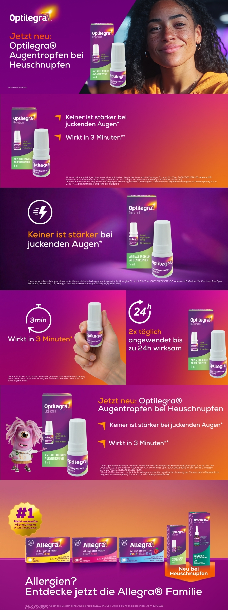 Optilegra® Augentropfen und Verpackung. Text: 'Keiner ist stärker bei juckenden Augen'. Frau lächelt. Produktname und Inhaltsangabe.