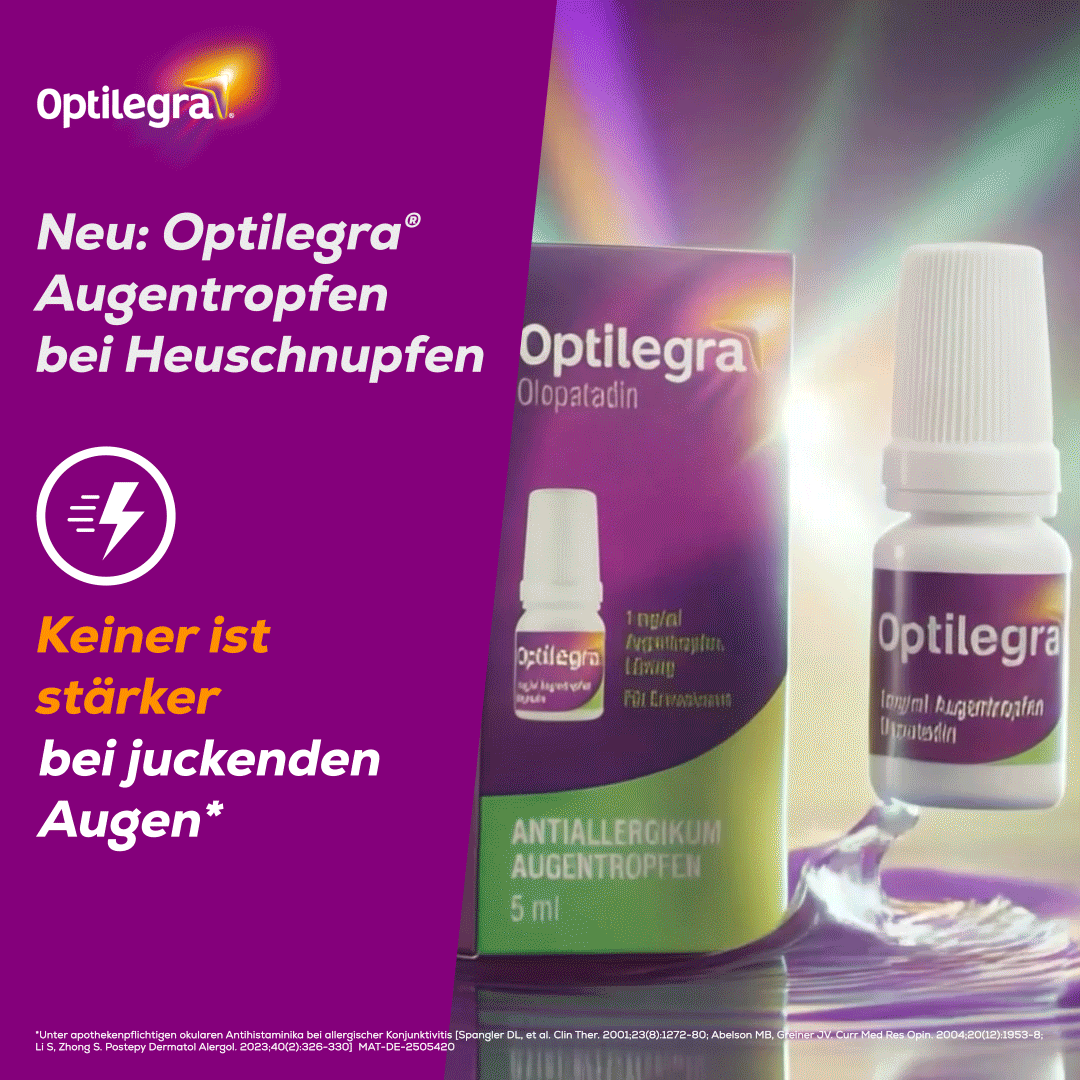 Optilegra® Augentropfen und Verpackung. Text: 'Keiner ist stärker bei juckenden Augen'. Blitzsymbol. Produktname und Inhaltsangabe.
