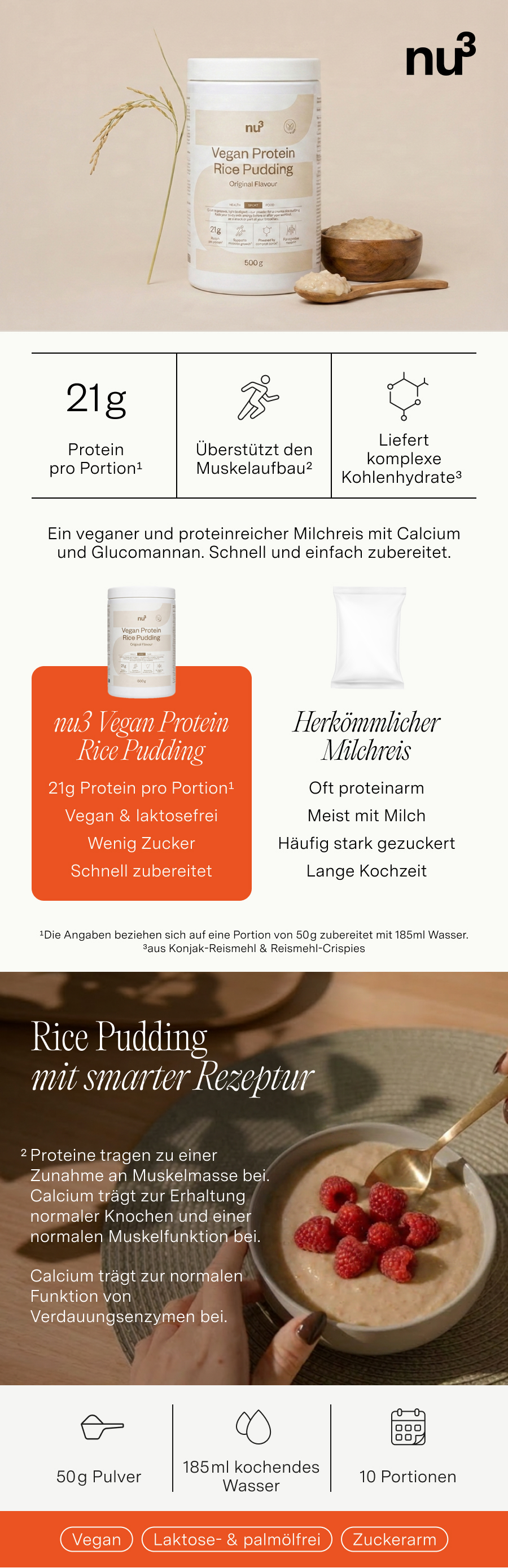 nu3 Vegan Protein Rice Pudding: 21g Protein, unterstützt Muskelaufbau, liefert komplexe Kohlenhydrate.