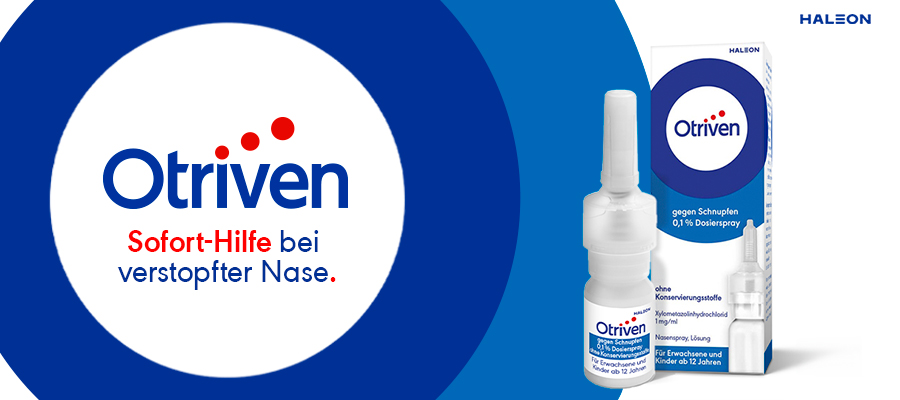 Otriven-Logo und Produktverpackung. Text: Sofort-Hilfe bei verstopfter Nase.