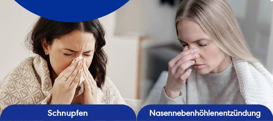 Zwei Personen mit Schnupfen und Nasennebenhöhlenentzündung. Text: Schnupfen, Nasennebenhöhlenentzündung.