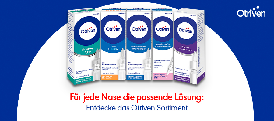 Verschiedene Otriven Nasensprays. Text: Für jede Nase die passende Lösung.