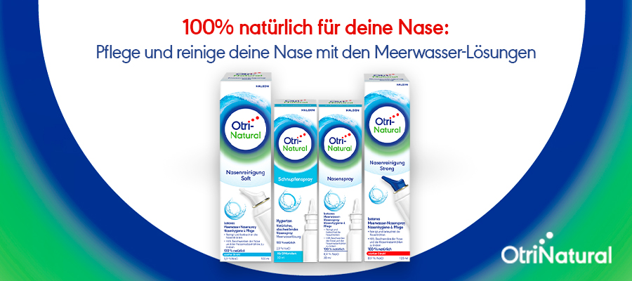 Verschiedene Otri-Natural Nasensprays. Text: 100% natürlich für deine Nase.