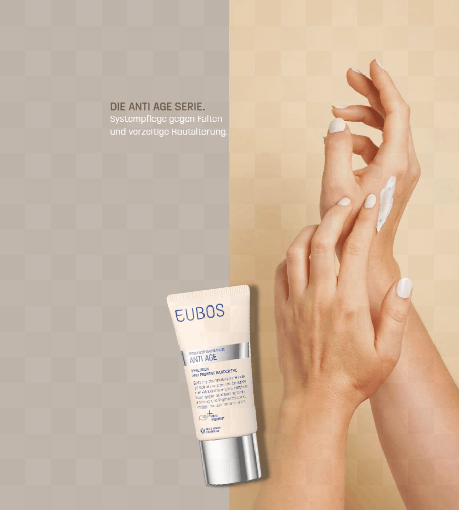EUBOS Anti Age Handcreme. Frau trägt Creme auf. Text: Die Anti Age Serie. Systempflege gegen Falten.