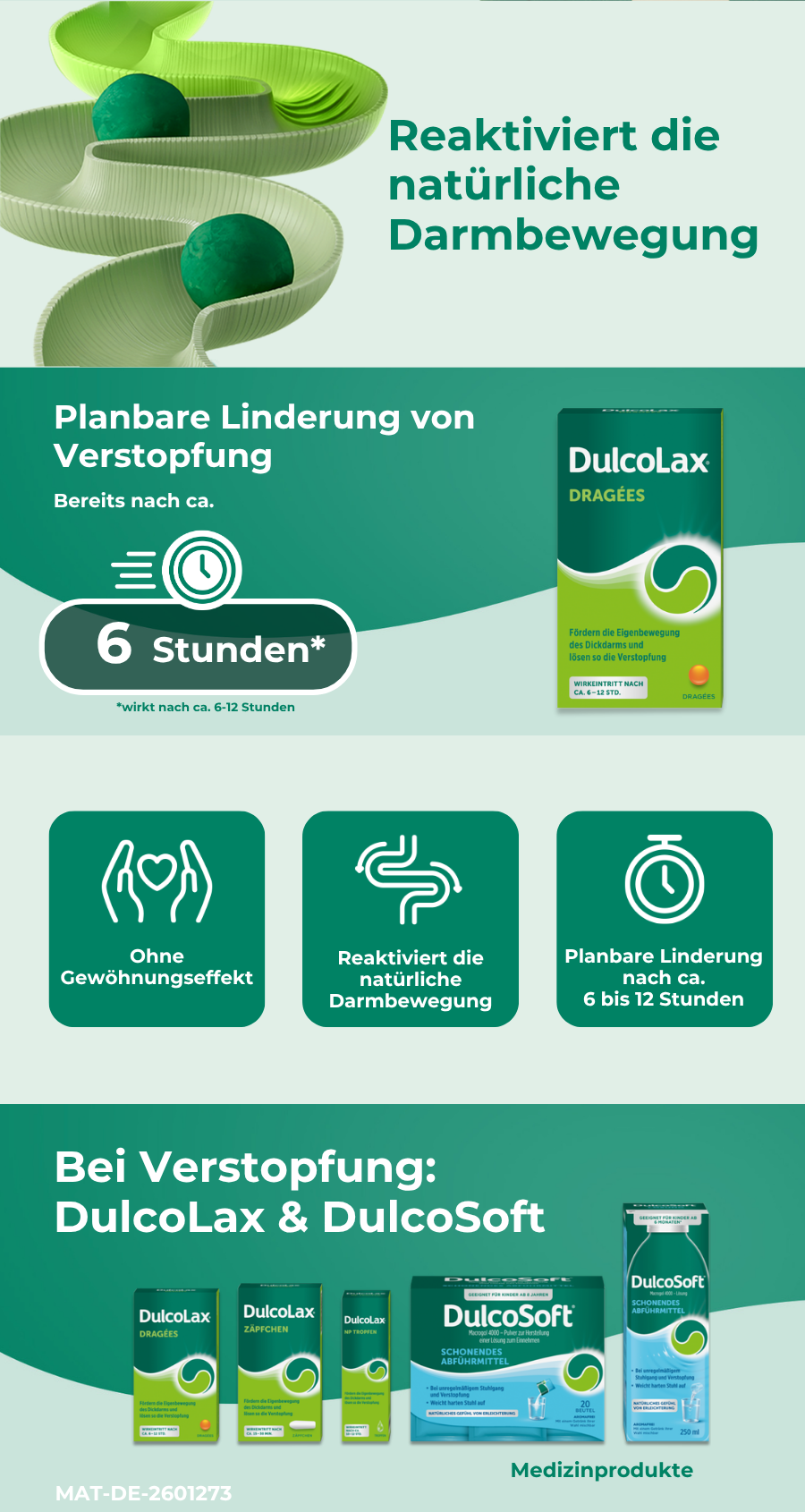 Infografik. Text: Reaktiviert die natürliche Darmbewegung. DulcoLax Dragées.