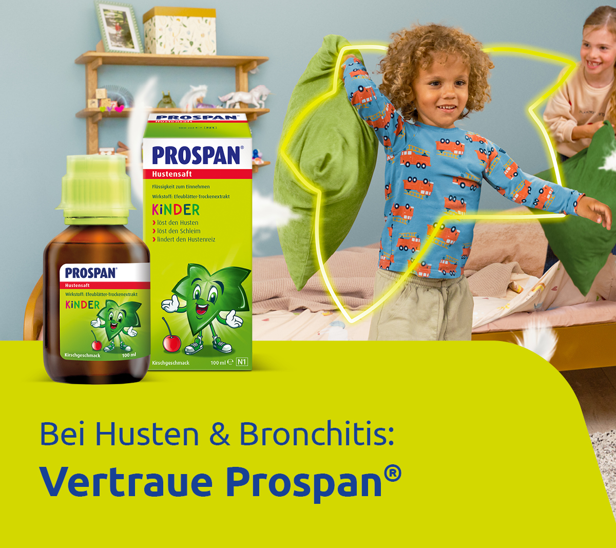 Kind mit Husten, Flasche und Verpackung. Text: Bei Husten & Bronchitis: Vertraue Prospan.