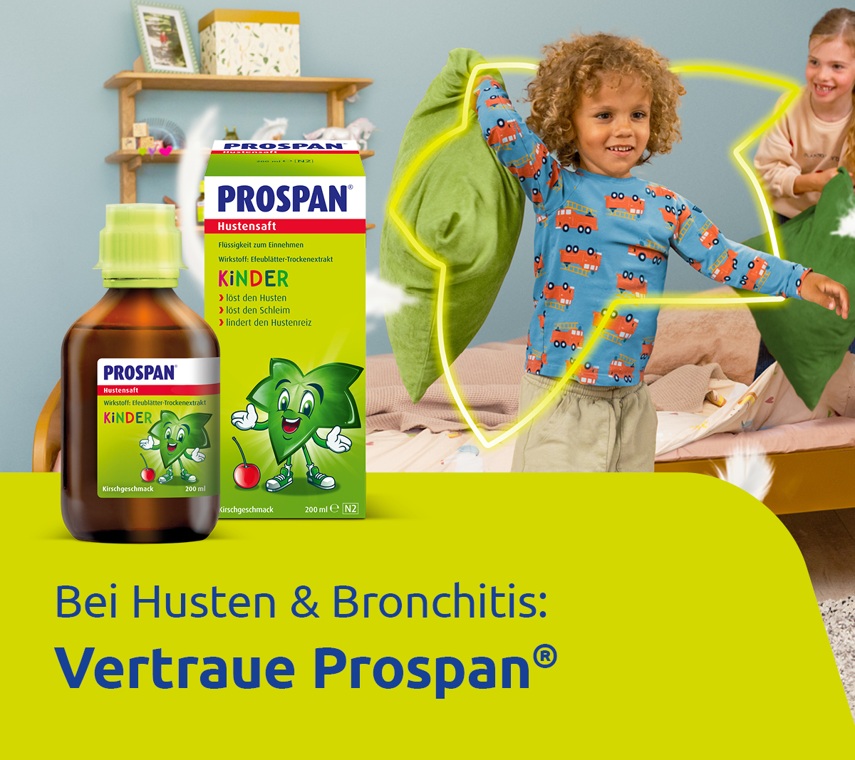 Prospan Hustensaft für Kinder. Flasche und Verpackung. Kind mit Husten. Vertraue Prospan.