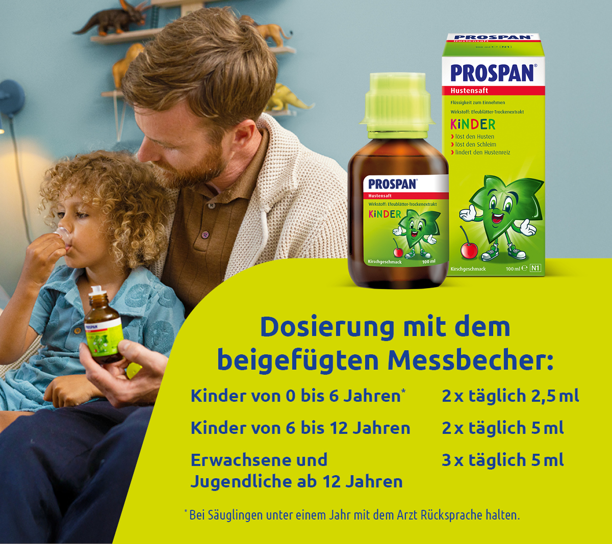 Dosierung mit Messbecher: Kinder 0-6 Jahre 2x2,5ml, 6-12 Jahre 2x5ml, Erwachsene 3x5ml. Prospan Flasche.