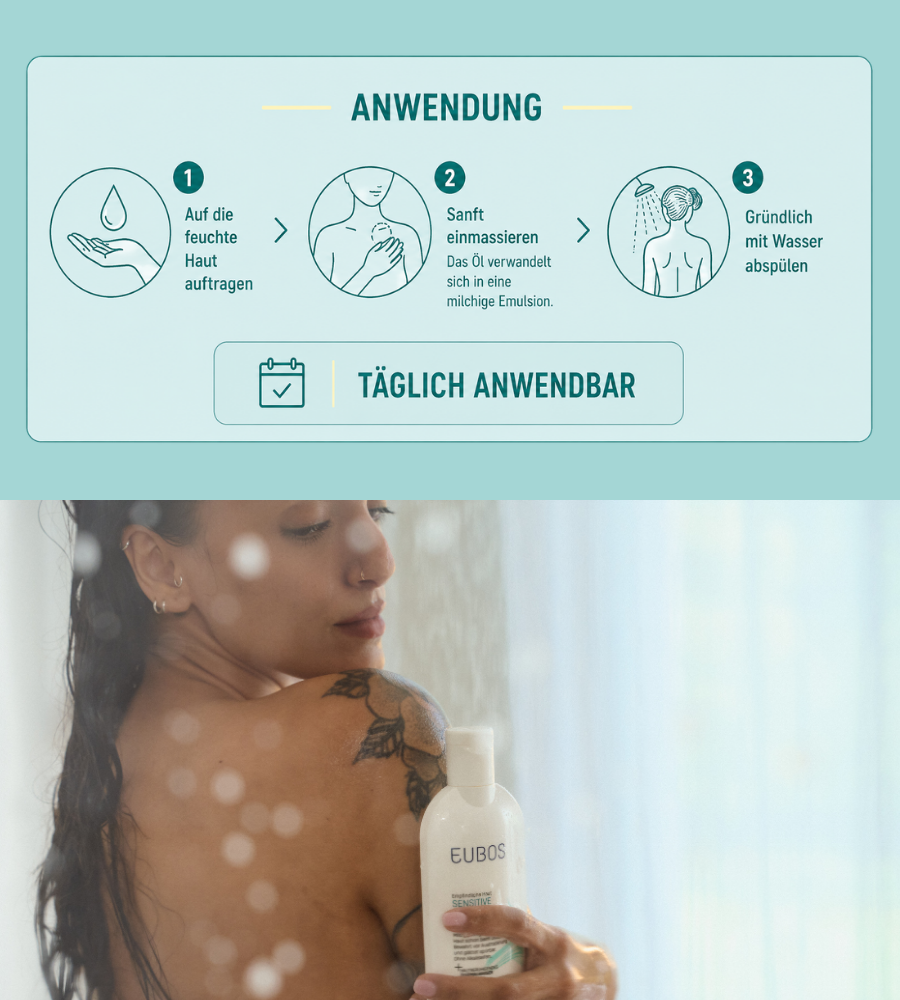Anwendung. 1. Auftragen. 2. Einmassieren. 3. Abspülen. Täglich anwendbar. Frau mit Produkt.