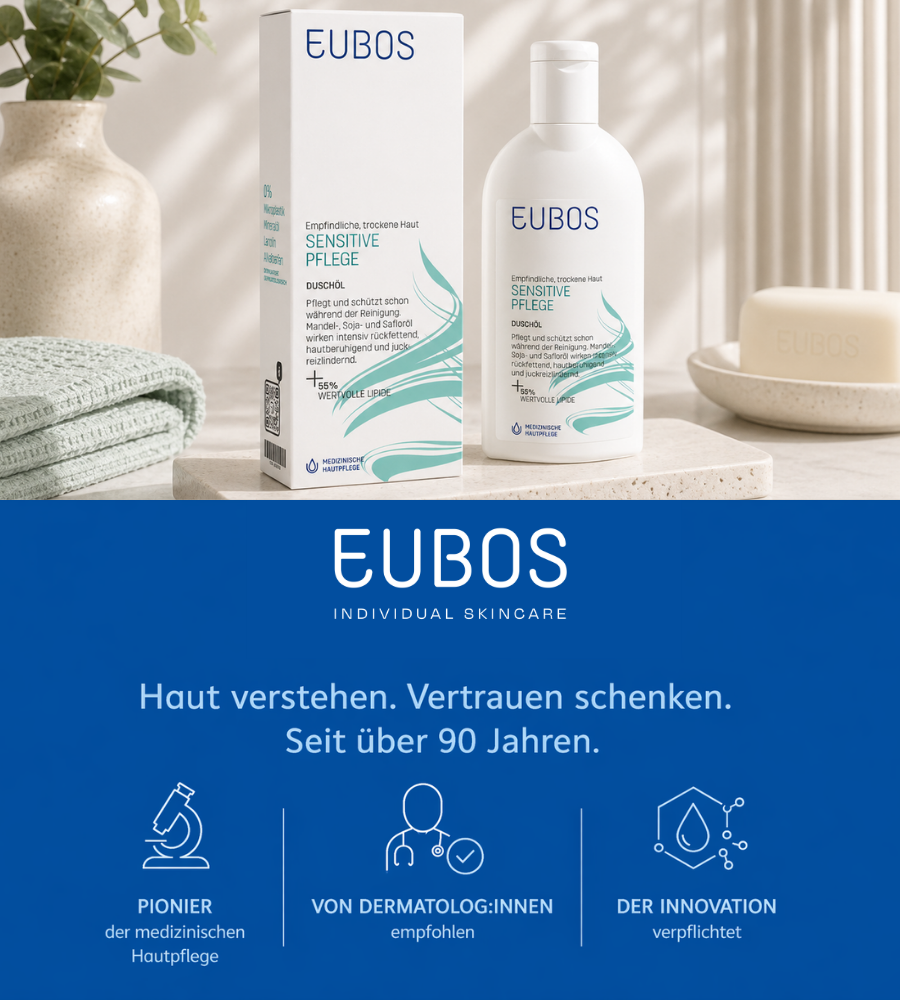 EUBOS Sensitive Pflege Duschöl und Flasche. Text: Haut verstehen. Vertrauen schenken. Seit über 90 Jahren.