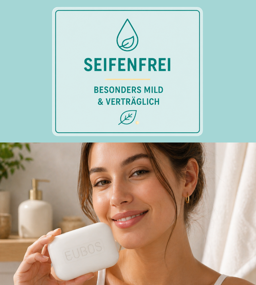 Frau hält EUBOS Sensitive Pflege Fest Waschstück. Text: Seifenfrei, besonders mild & verträglich.