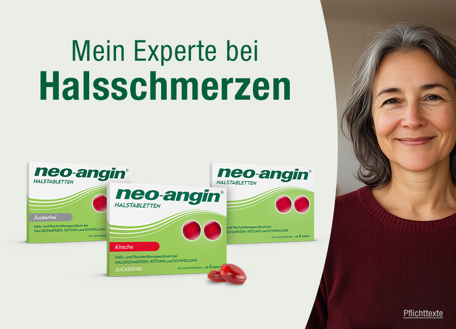 Frau mit neo-angin Halstabletten. Mein Experte bei Halsschmerzen. Drei Packungen.