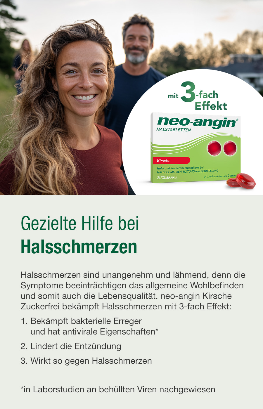 Paar mit neo-angin Halstabletten. Gezielte Hilfe bei Halsschmerzen. 3-fach Effekt.