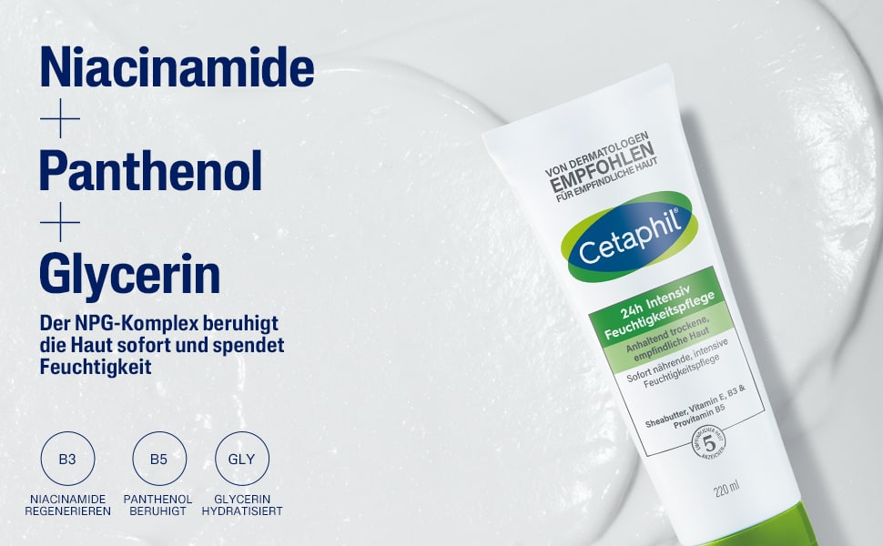 Creme-Tube und Inhaltsstoffe. Text: Niacinamid, Panthenol, Glycerin. Der NPG-Komplex beruhigt die Haut.