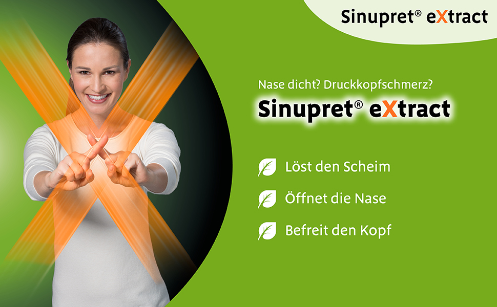 Frau mit verschränkten Armen, orangefarbenes X. Text: Nase dicht? Druckkopfschmerz? Sinupret® eXtract.