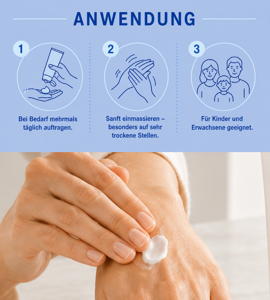 EUBOS Basis Pflege Produkte. Text: Reinigen, Wirken, Pflegen. Auf blauem Hintergrund.