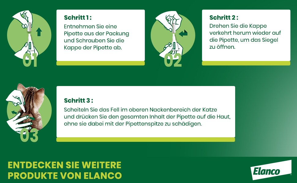 Anwendungsschritte von Advantage Spot-On. 3 Schritte. Elanco Logo. Entdecken Sie weitere Produkte von Elanco.