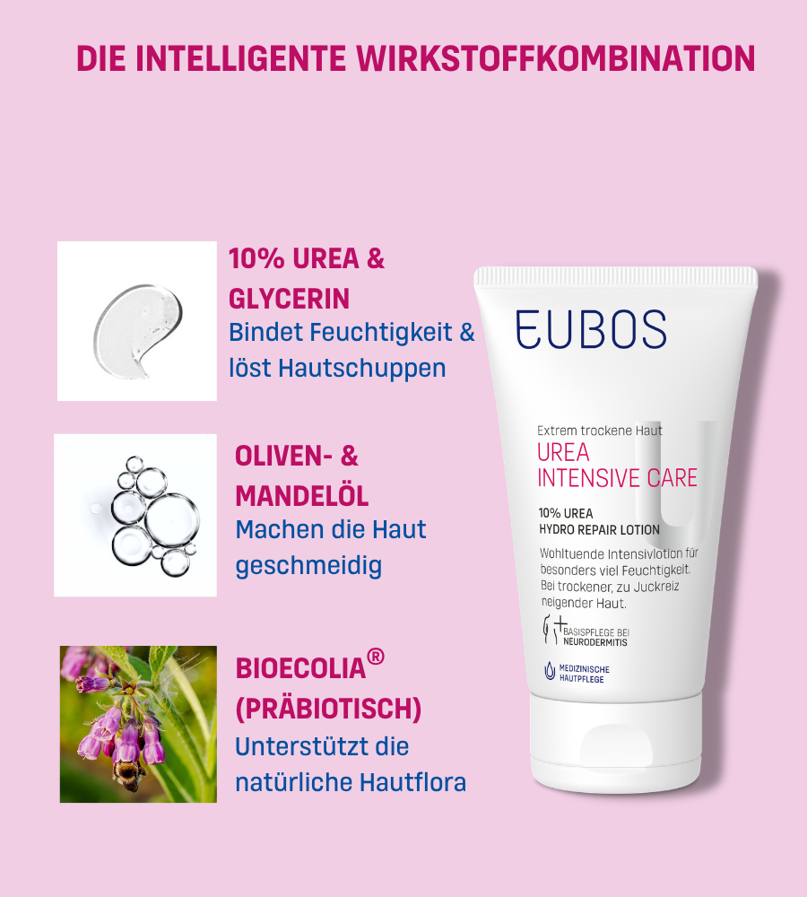 EUBOS Urea Intensive Care Lotion. Text: 10% Urea, Olivenöl, Bioecolia. Rosa Hintergrund.