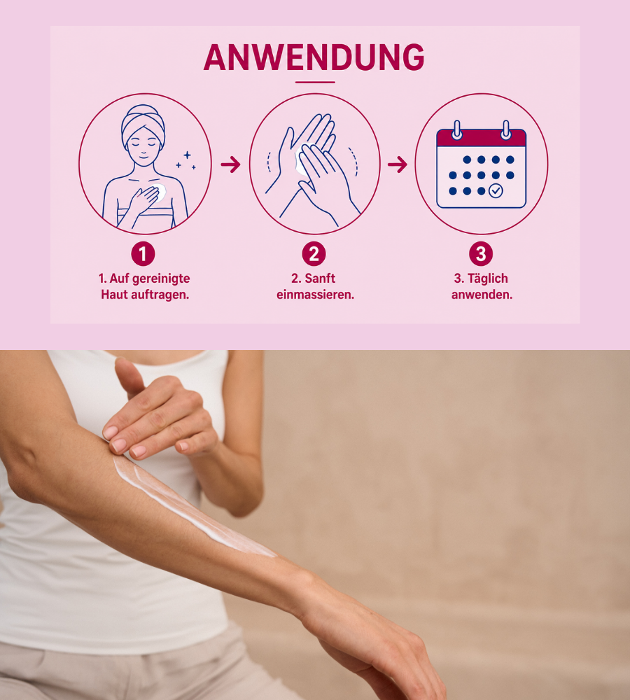 Anwendung der EUBOS Urea Intensive Care Lotion. Frau trägt Creme auf Arm auf.