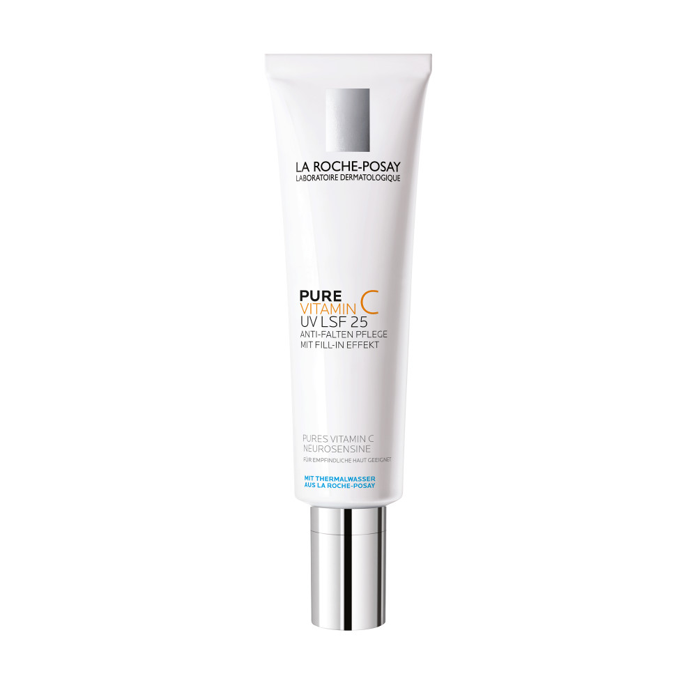 Weiße Tube mit silbernem Verschluss. Aufschrift: La Roche-Posay, Pure Vitamin C UV LSF 25. Anti-Falten Pflege.