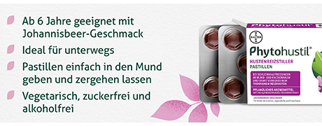 Text: Ab 6 Jahre geeignet mit Johannisbeer-Geschmack. Ideal für unterwegs. Pastillen einfach in den Mund geben. Vegetarisch, zuckerfrei, alkoholfrei.