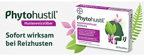 Phytohustil® Hustenreizstiller. Text: Sofort wirksam bei Reizhusten. Dekoration mit Blättern und Blüten.