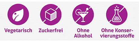 Grafik mit Symbolen: Vegetarisch, zuckerfrei, ohne Alkohol, ohne Konservierungsstoffe.