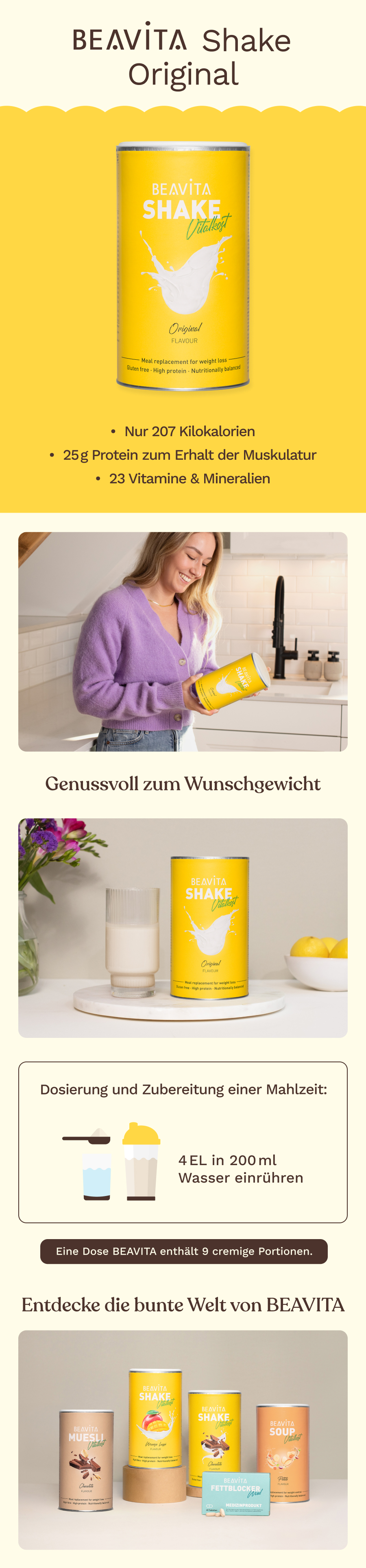 BEAVITA Shake Vitalkost Original: Dose, Glas Milch, Löffel Pulver, Frau mit Dose, Zubereitungsschritte, weitere Produkte.